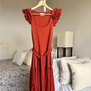 Ruffled Sleeve Reddish Copper Colored Mid Length Dress